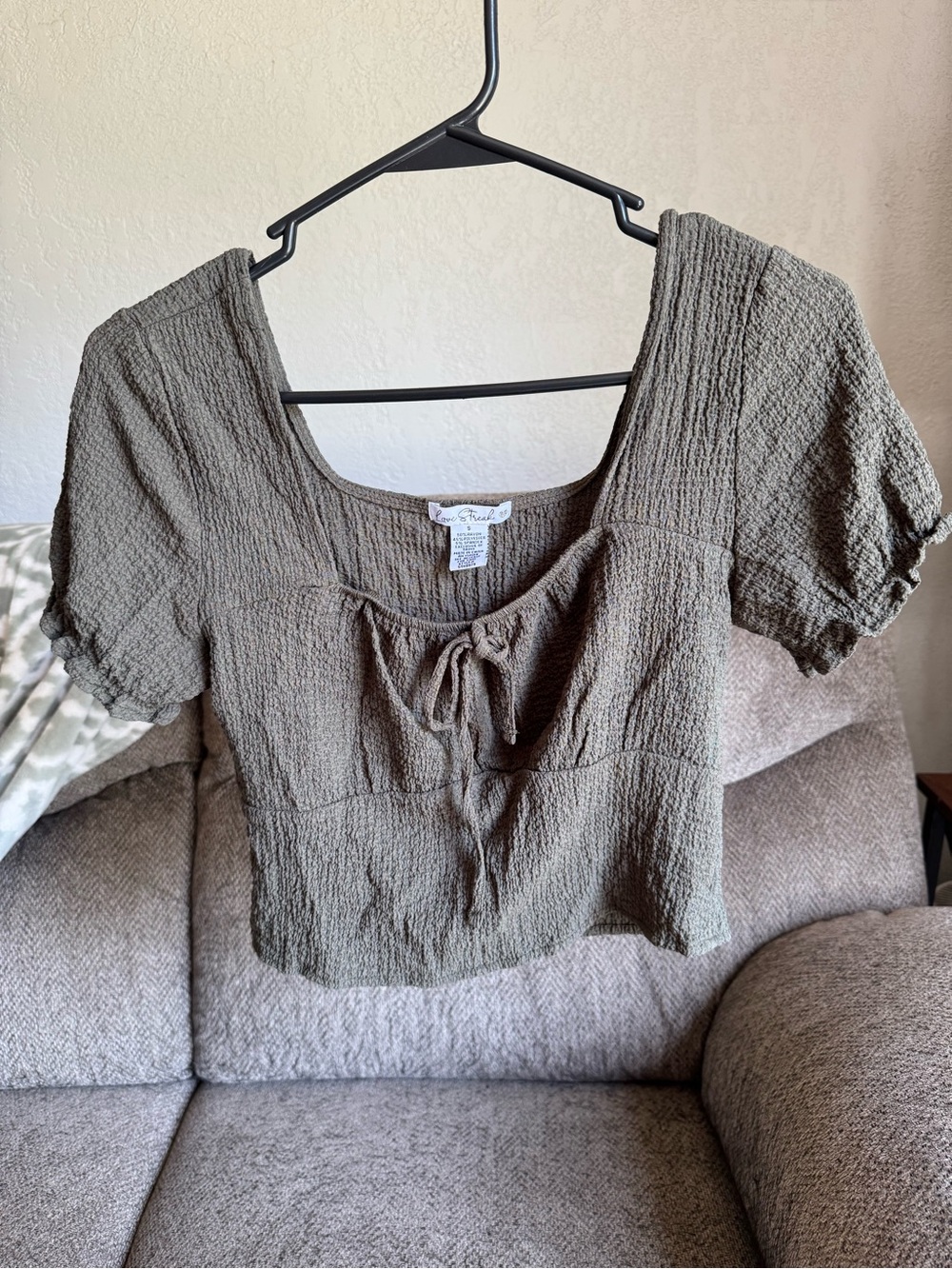 Textured Olive Cropped Tie-Front Top by Love Streak
